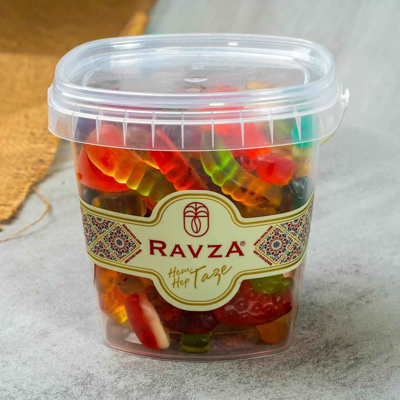 Ravza Karışık Yağlı Jelibon Kova 500g / Renkli Çeşitler, Yumuşak Doku ve Eğlenceli Sunum